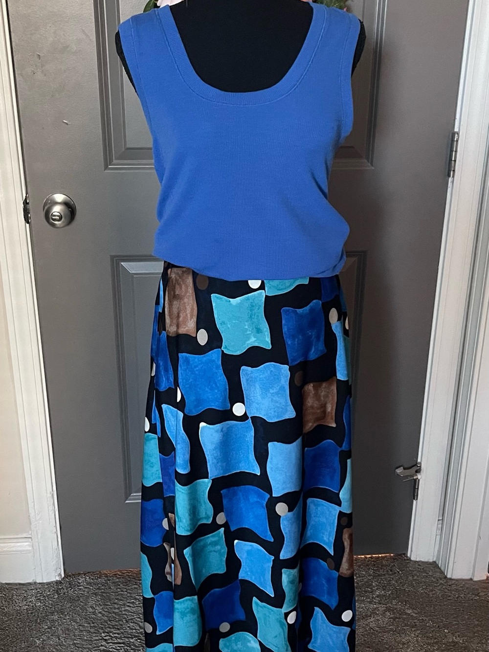 Nic and Zoe, Blue Multi-Pattern Midi Skirt, Size L, NWT